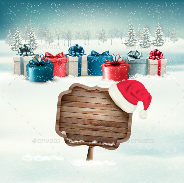 Winter Background with Gift Boxes and Sign - Christmas Seasons/Holidays