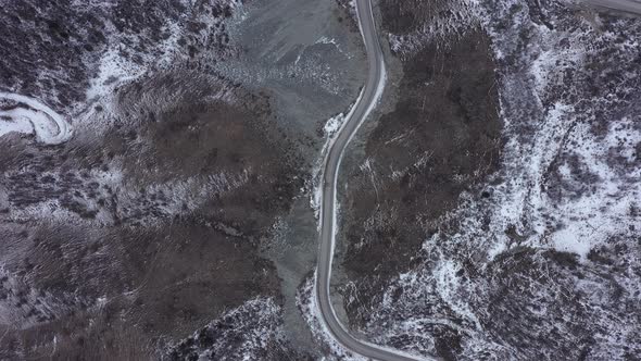 Top View of Mountain Serpentine Road in Winter
