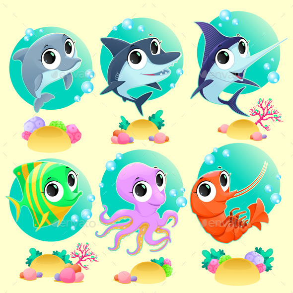 Funny Marine Animals with Backgrounds - Animals Characters