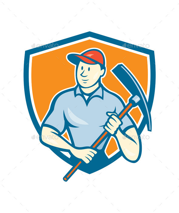 Construction Worker Holding Pickaxe Shield Cartoon - People Characters