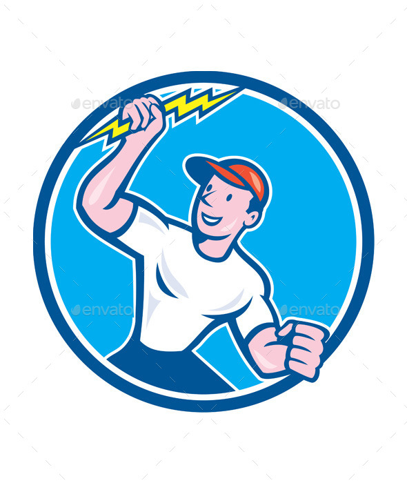 Electrician Holding Lightning Bolt Circle Cartoon - People Characters