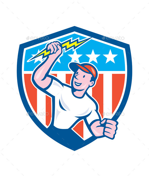 Electrician Lightning Bolt USA Flag Cartoon - People Characters