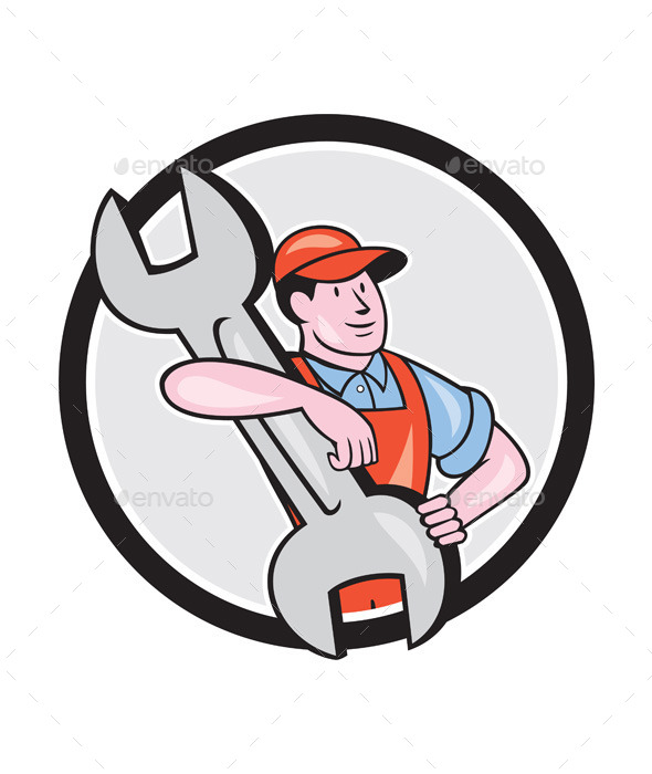 Mechanic Carry Spanner Wrench Circle Cartoon - People Characters