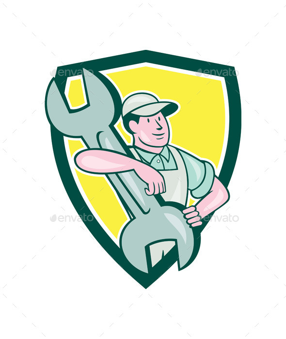 Mechanic Carry Spanner Wrench Shield Cartoon - People Characters