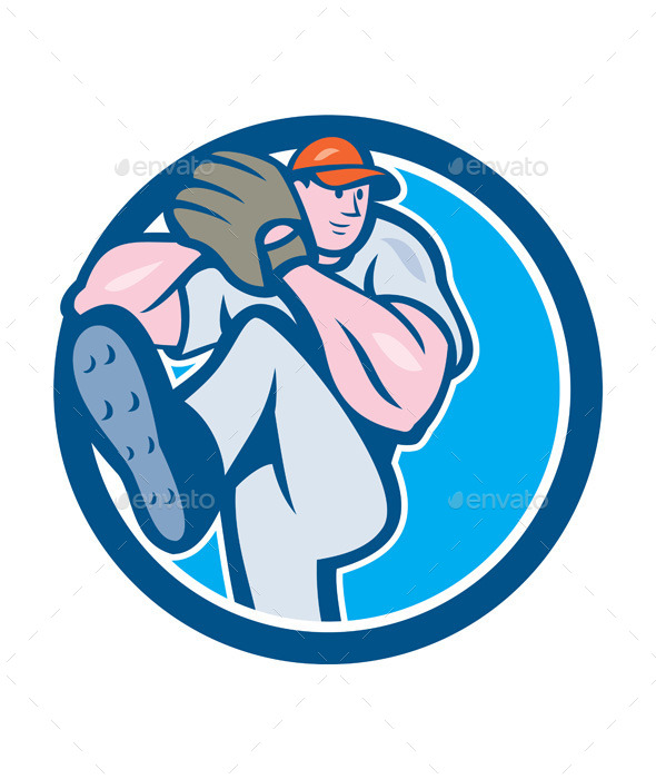 Baseball Pitcher Outfielder Leg Up Circle Cartoon - Sports/Activity Conceptual