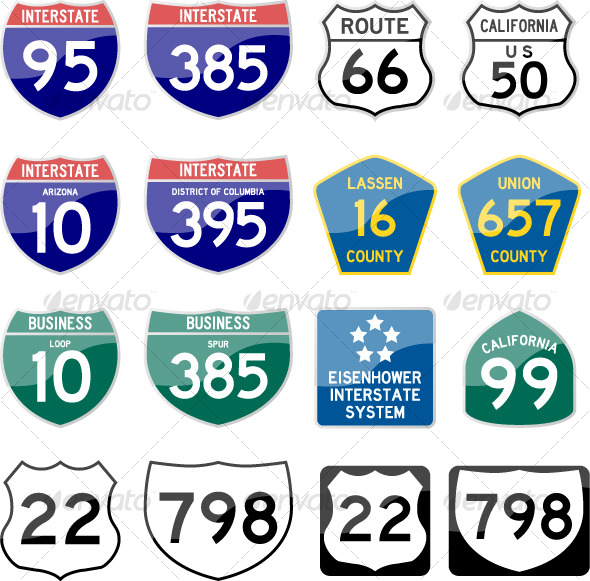 Road Sign Interstate Glossy Vector (Set 6 of 6) - Man-made Objects Objects