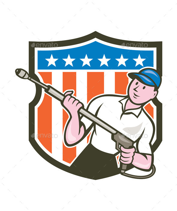 Pressure Washer Water Blaster USA Flag Cartoon - People Characters