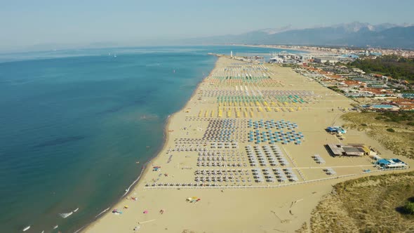 Aerial, Large Sand Beach In The Morning In Viareggio, Italy