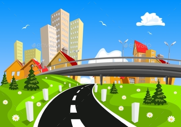 City Surrounded by Nature Landscape - Buildings Objects