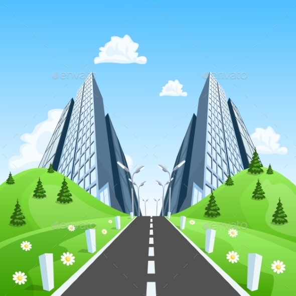Road into the City Through the Landscape - Buildings Objects