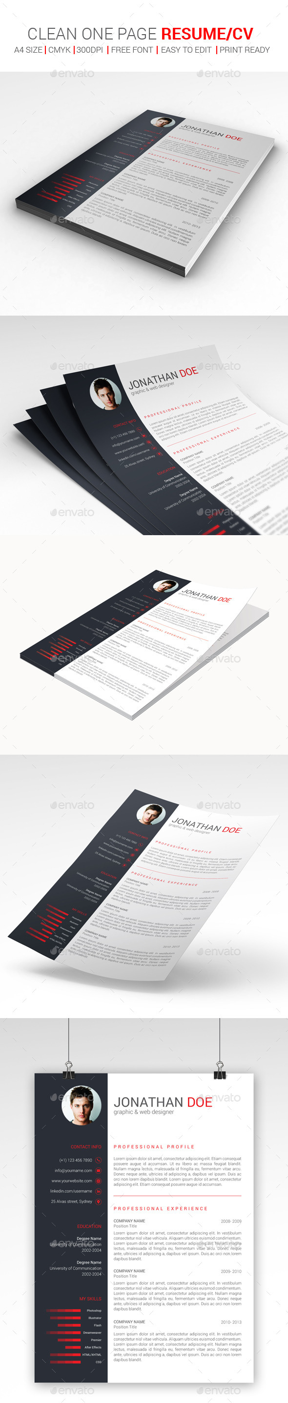 Clean One Page Resume/CV - Resumes Stationery