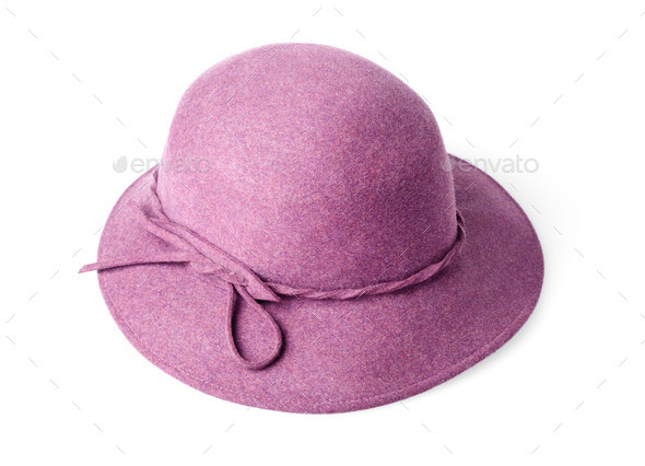 purple female felt hat isolated on white background - Stock Photo - Images