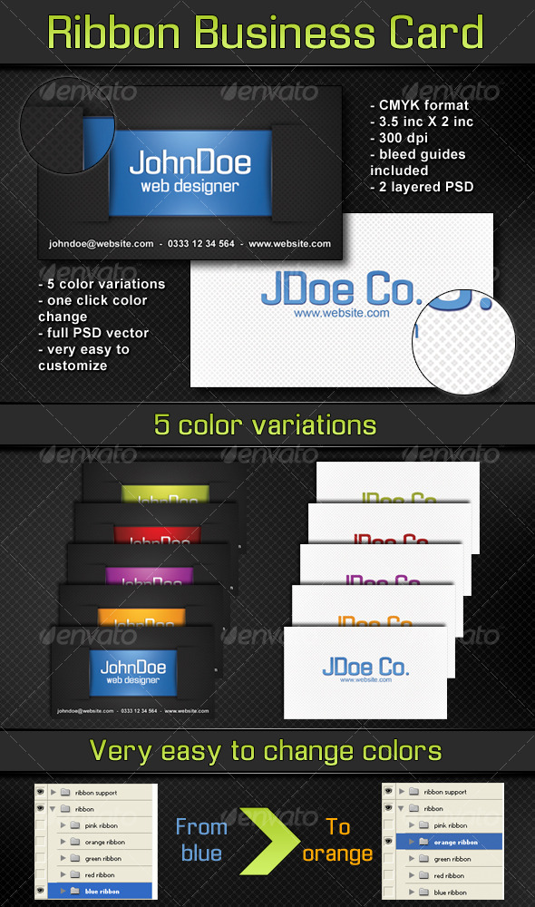 Ribbon Business Card - 5 color variations - Creative Business Cards