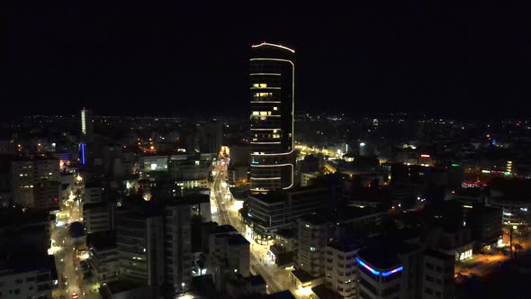 Night Nicosia. City blocks road traffic. Top view of the night city. Cyprus at night.