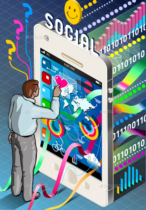 Isometric Infographic with Man on Social Network - Business Conceptual