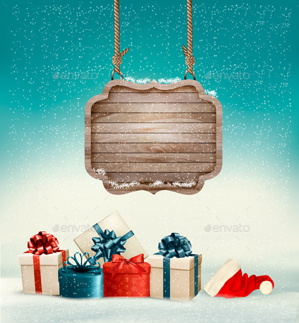 Christmas Background with a Retro Wooden Sign - Christmas Seasons/Holidays