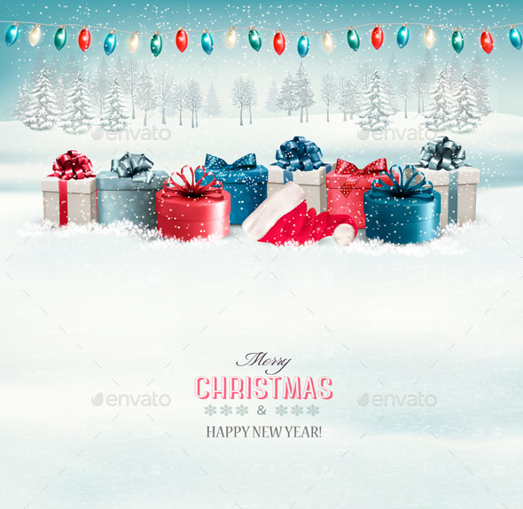 Winter Background of Christmas Tree with Presents - Christmas Seasons/Holidays