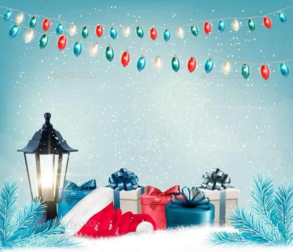 Christmas Background with a Lantern and Presents - Christmas Seasons/Holidays