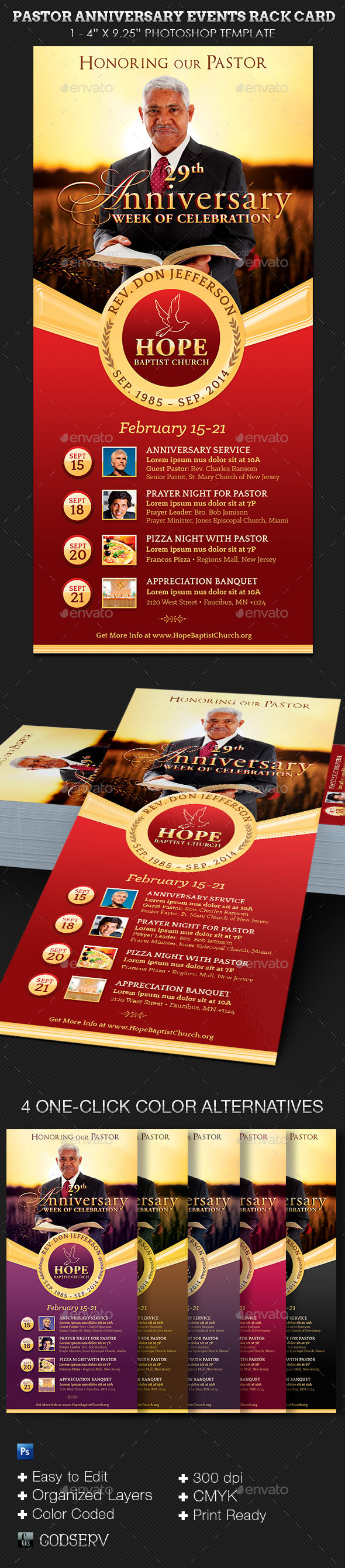 Pastor Anniversary Events Rack Card Template - Church Flyers