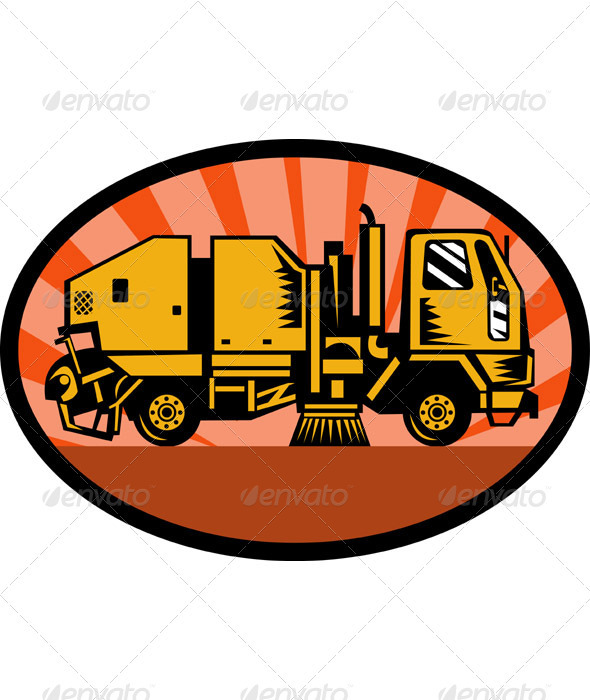 Street Cleaner Sweeper Truck Side View Retro 
