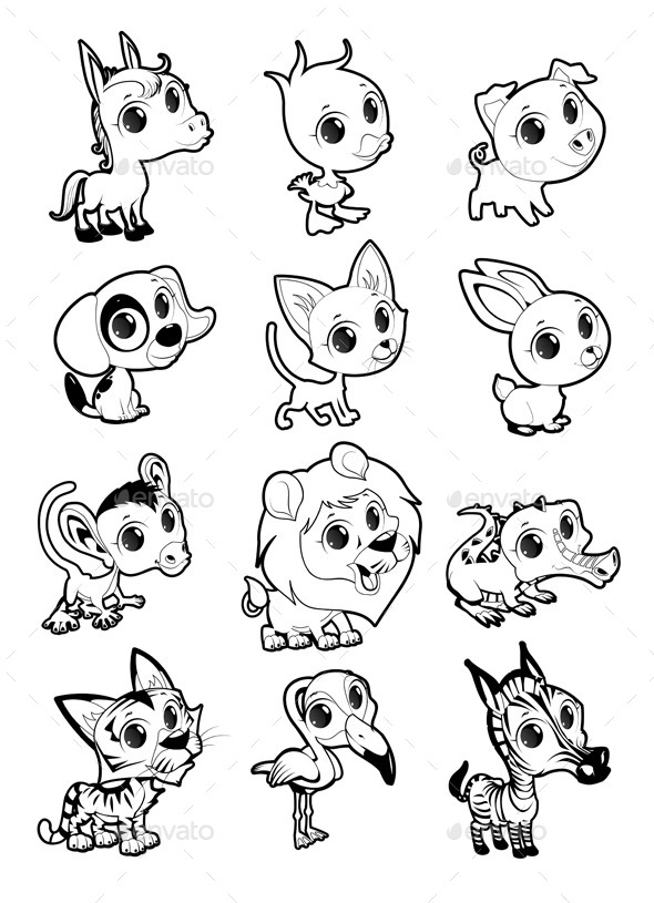 Farm and Wild Animals in Black and White - Animals Characters