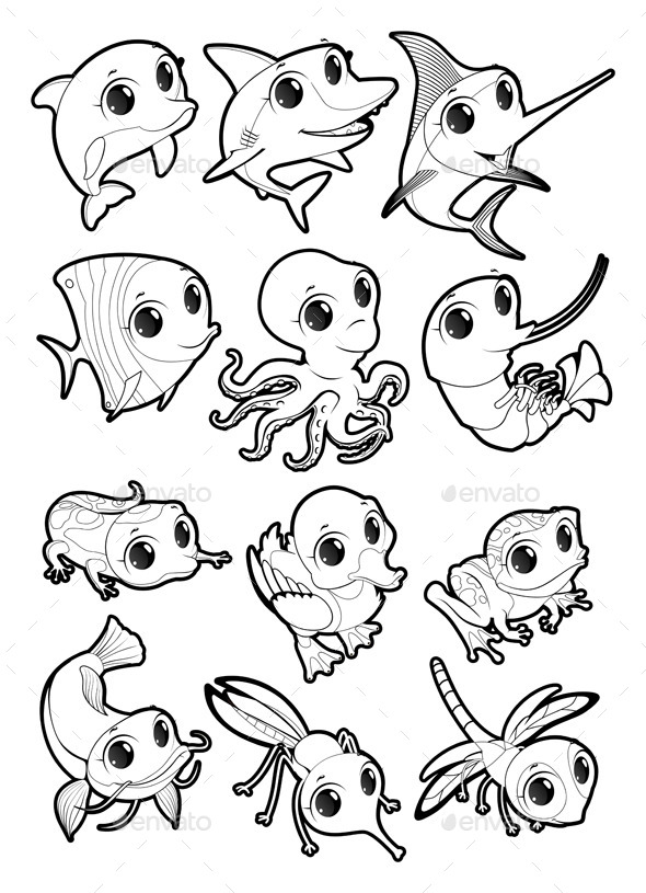 Marine Animals and Fauna of the Pond - Animals Characters