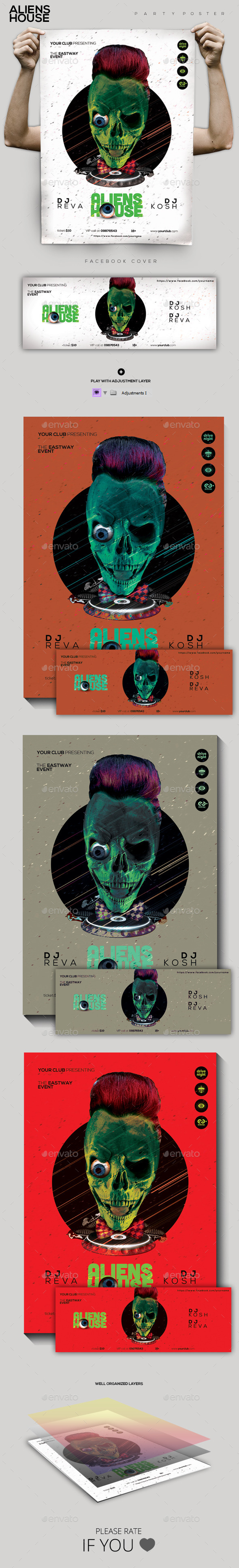 Aliens House Electro Party Flyer/Poster - Clubs & Parties Events