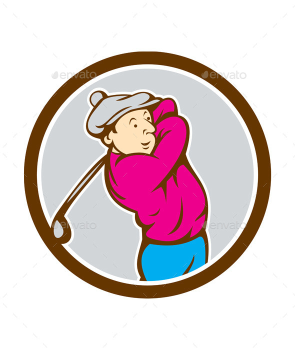 Golfer Swinging Club Circle Cartoon - Sports/Activity Conceptual
