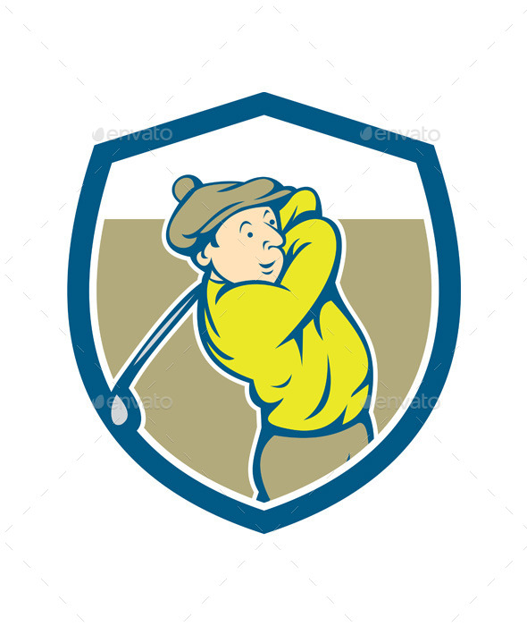 Golfer Swinging Club Shield Cartoon - Sports/Activity Conceptual