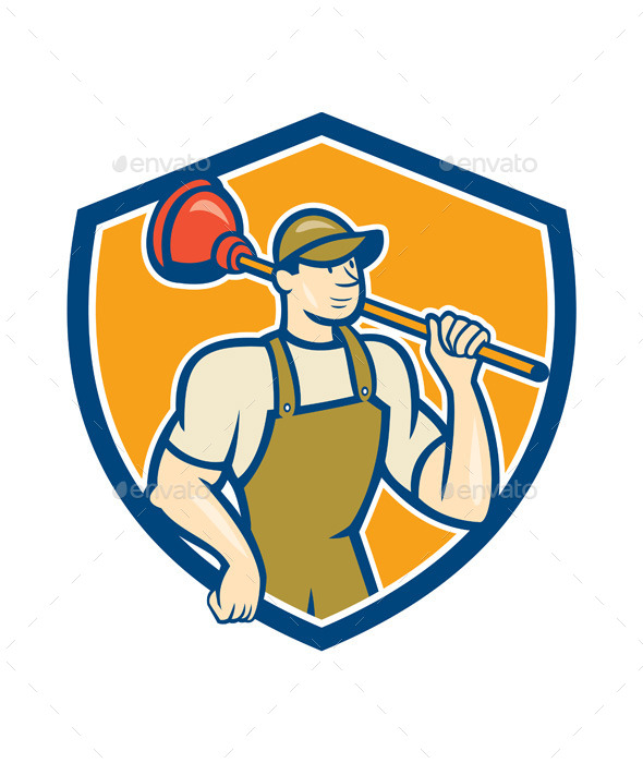 Plumber Holding Plunger Shield Cartoon - People Characters