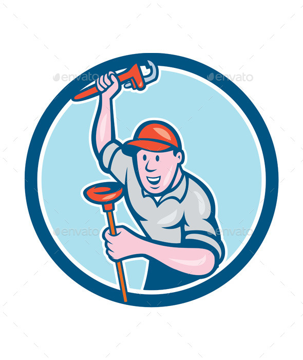 Plumber Holding Wrench Plunger Circle Cartoon - People Characters