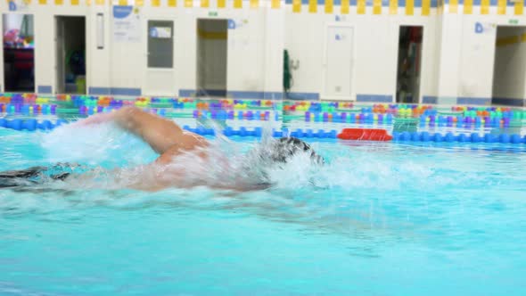 A Professional Swimmer Swims the Crawl in an Indoor Pool - View From the Side alt
