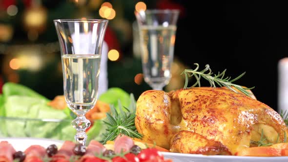 Roasted Chicken on Christmas Festive Table 