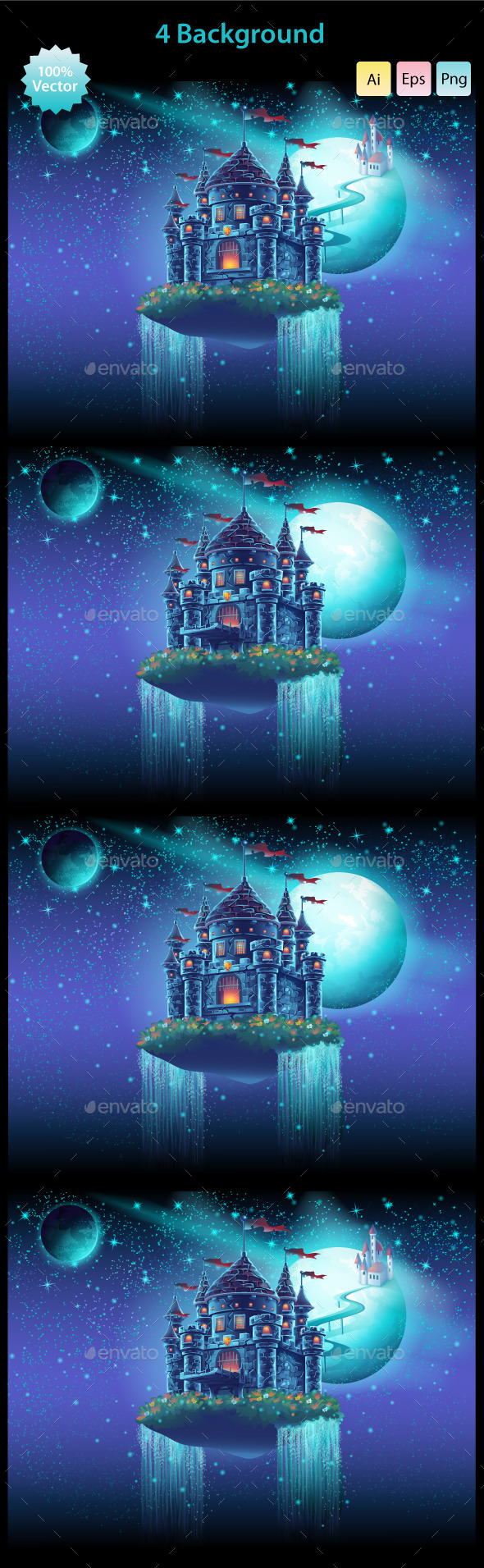Space Castle with a Waterfall on the Background - Backgrounds Game Assets