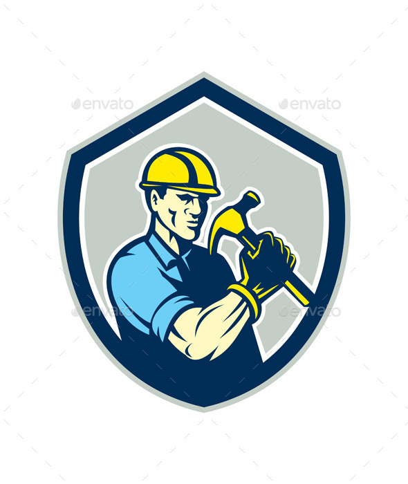 Builder Carpenter Holding Hammer Shield - People Characters