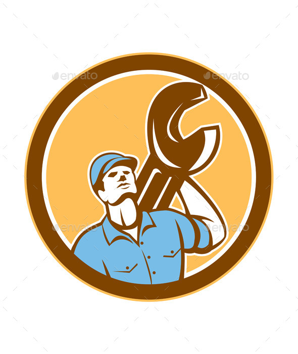 Mechanic Spanner Wrench Looking Up Retro - People Characters