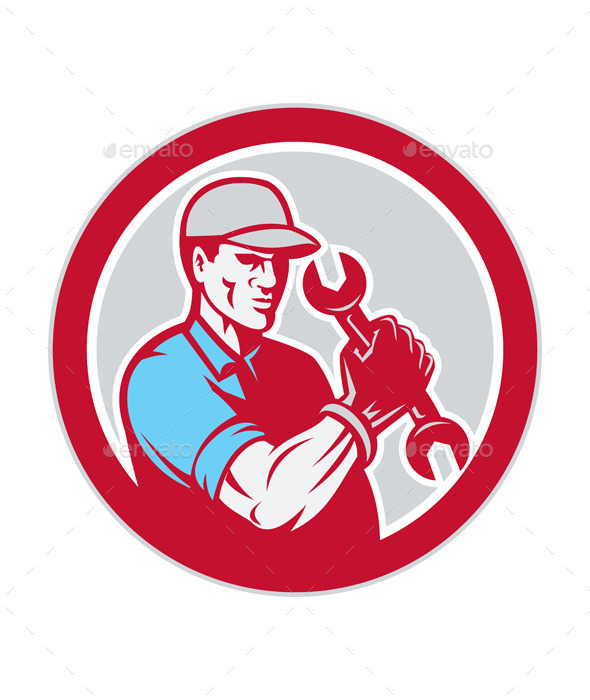 Mechanic Holding Spanner Wrench Circle - People Characters
