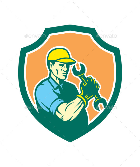 Mechanic Holding Spanner Wrench Shield - People Characters