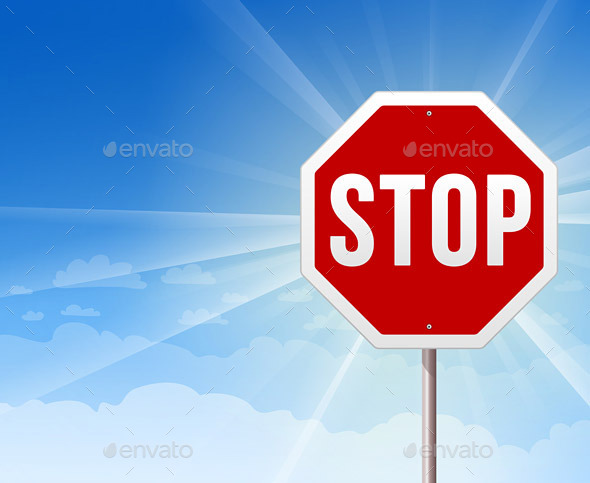 Stop Roadsign on Blue Sky Background - Travel Conceptual