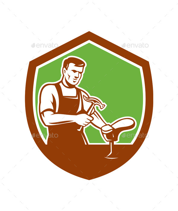 Shoemaker with Hammer Shoe Retro Shield - People Characters