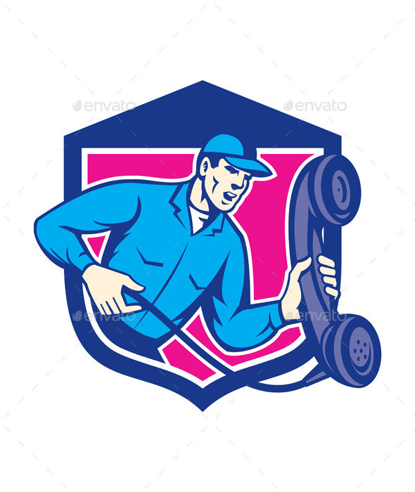 Telephone Repairman Holding Phone Shield Retro - People Characters