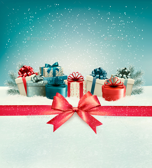 Christmas Background with a Bow and Presents - Christmas Seasons/Holidays