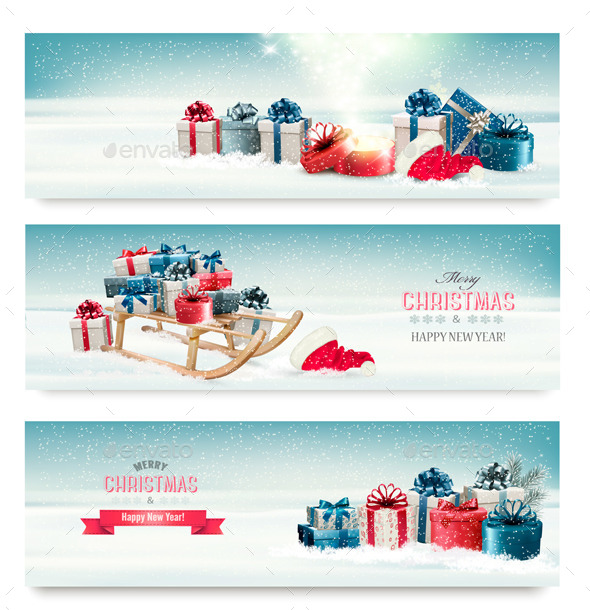 Three Christmas Banners with Presents and Sleigh - Christmas Seasons/Holidays
