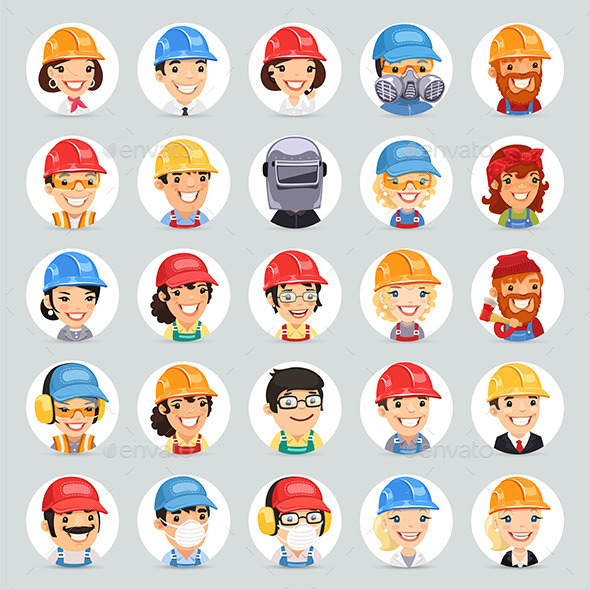 Builders Cartoon Characters Icons Set - People Characters