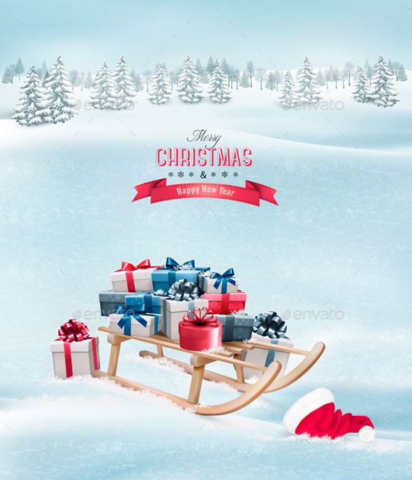 Christmas Presents on a Sleigh and a Santa Hat - Christmas Seasons/Holidays