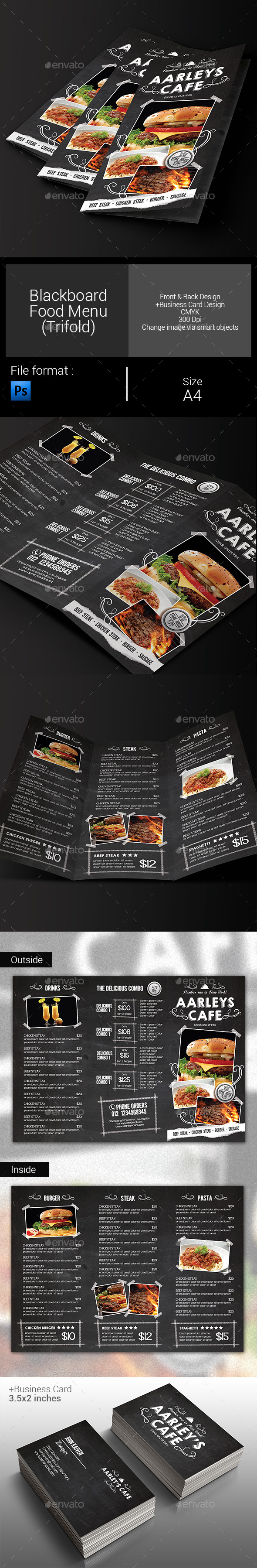 Blackboard Food Menu (Trifold) + Business Card - Food Menus Print Templates