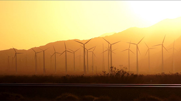 Sunset on Wind Turbines Generating electricity