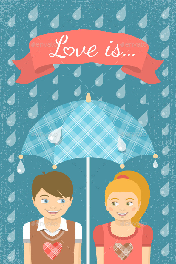 Boy and Girl in Love Under Umbrella - Valentines Seasons/Holidays