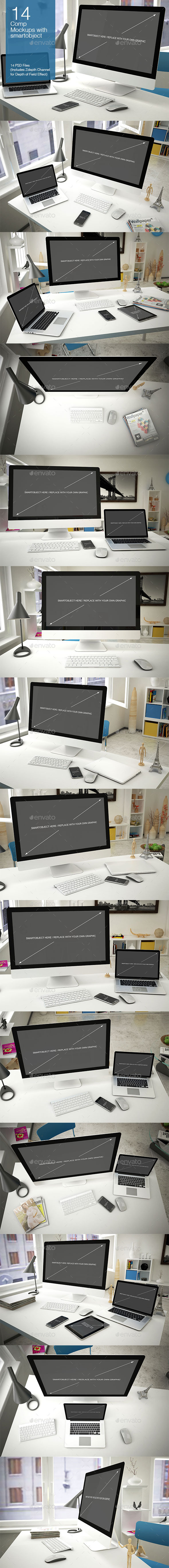 Computer Mockup 14 Poses - Multiple Displays