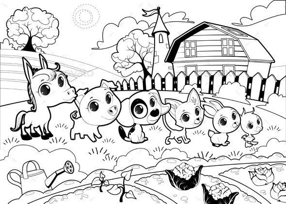 Farm Animals in a Garden - Animals Characters